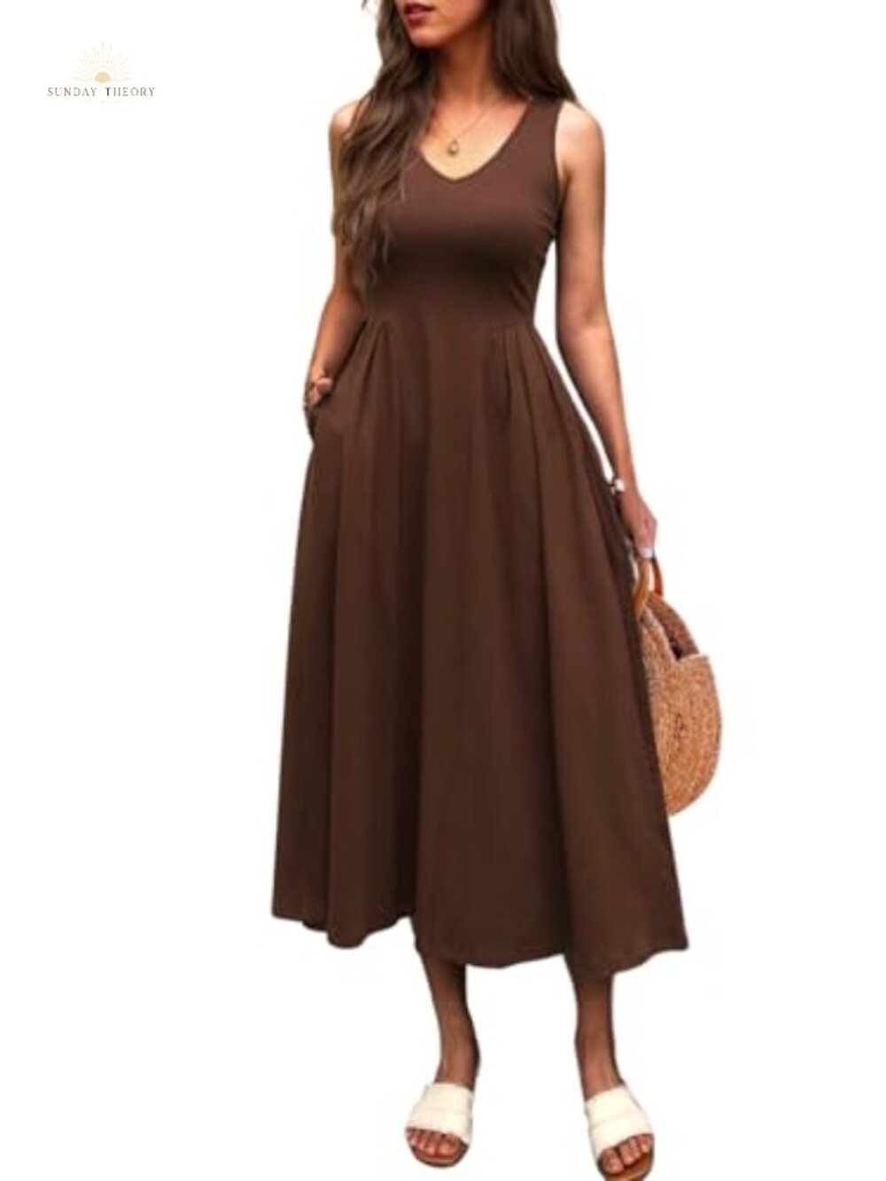 Women's Sleeveless Pleated Waist Midi A-Line Sundress with Pockets